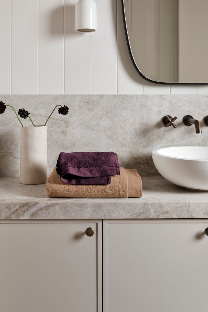 Haven Towel Set in Mulberry and Pecan in a Bathroom