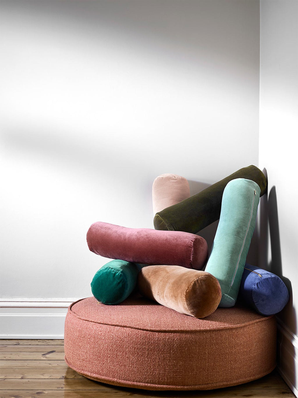 Luxury Velvet Bolsters in Mahogany, Forest Night, Heather, Hazelnut, Jade, Caper & Bijou Blue