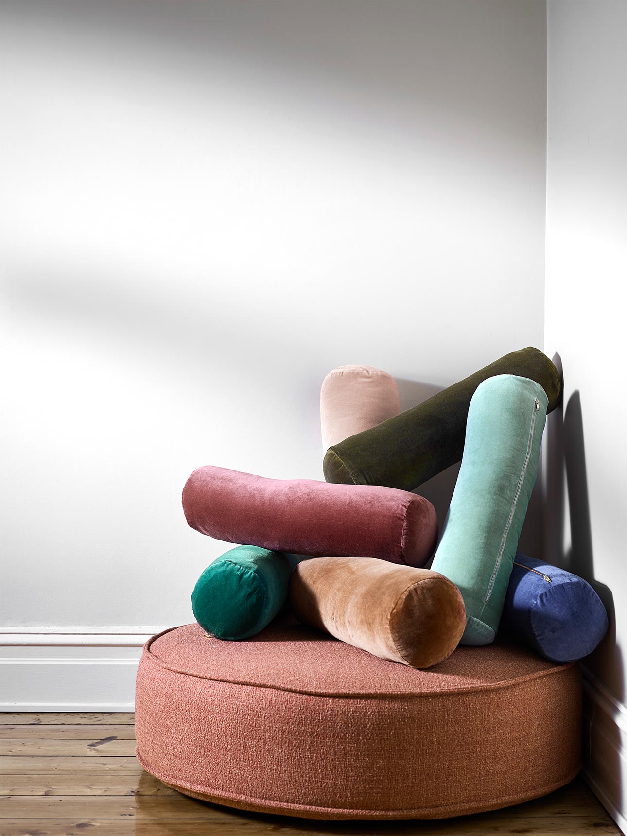 Luxury Velvet Bolsters in Mahogany, Forest Night, Heather, Hazelnut, Jade, Caper & Bijou Blue