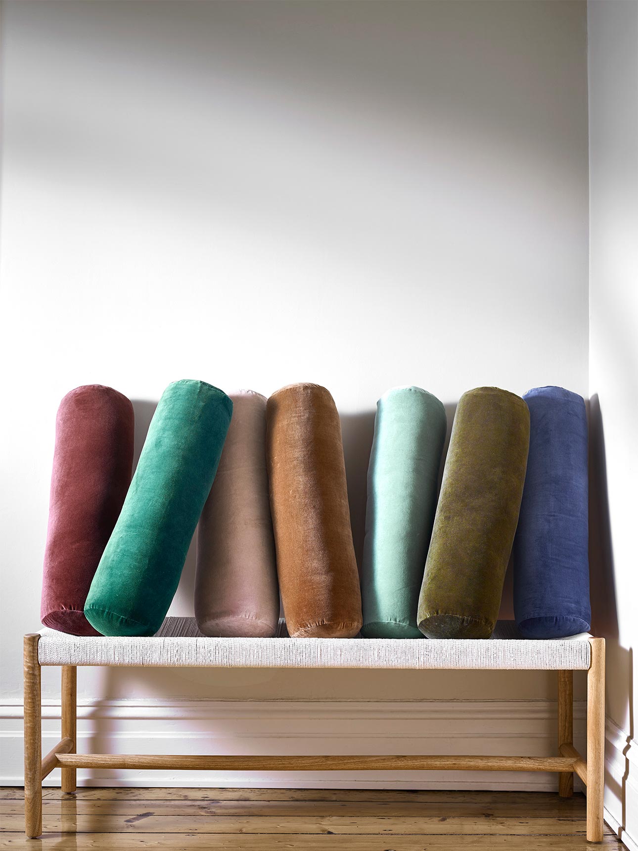 Luxury Velvet Bolsters in Mahogany, Forest Night, Heather, Hazelnut, Jade, Caper & Bijou Blue