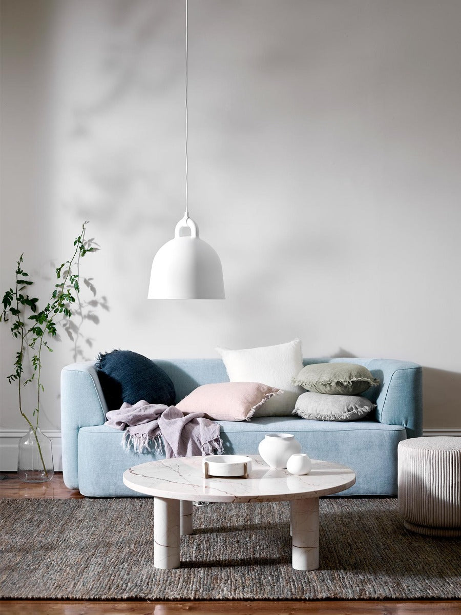 Vintage Linen Fringe Throw in Dusk, Vintage Linen Square cushions in Marshmallow and Shell, Round Cushions in Slate, Sage & Smoke.
