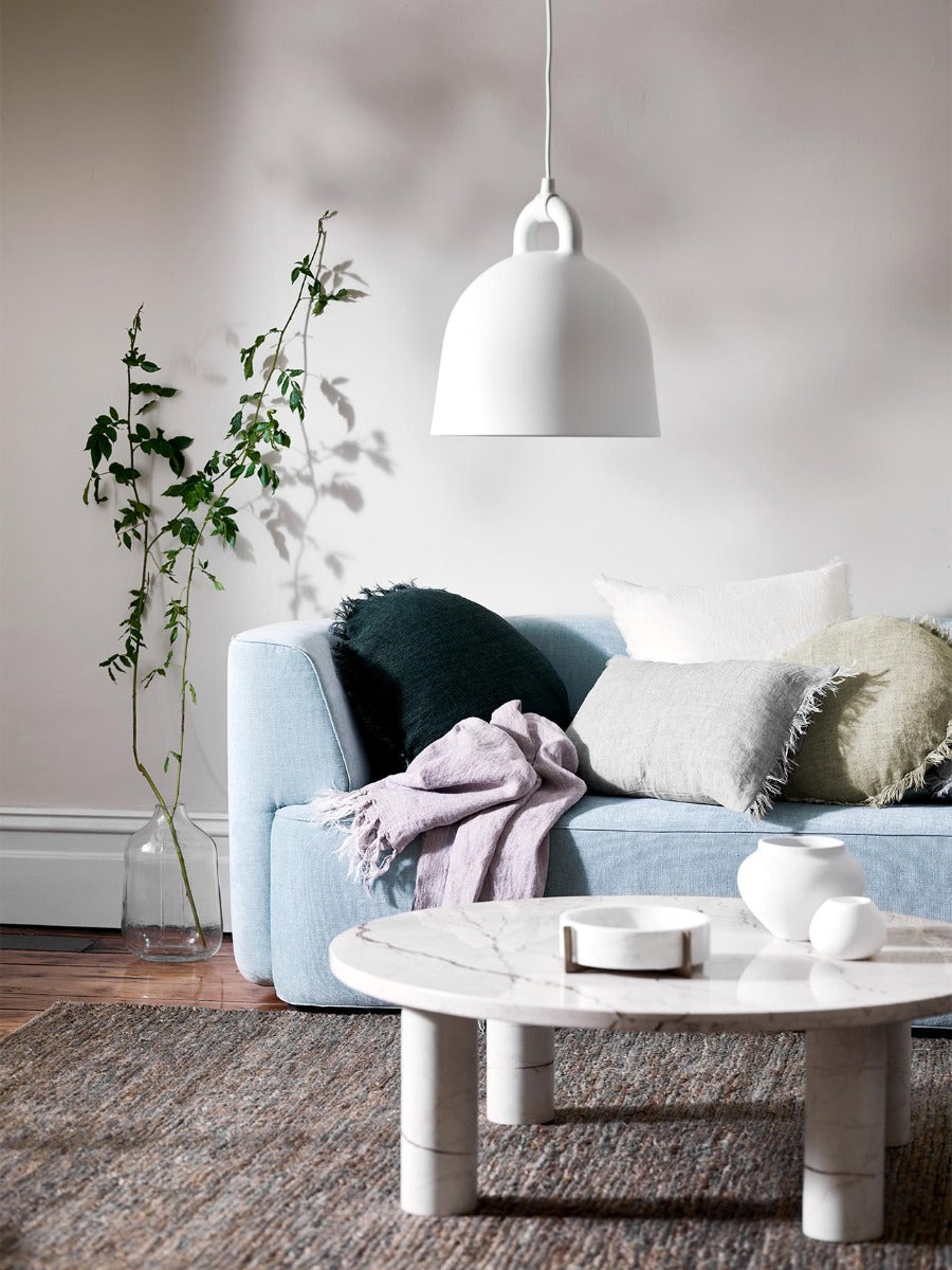 Vintage Linen Fringe Throw in Dusk, Vintage Linen Square cushion in Marshmallow, Round Cushions in Slate & Sage & Rectangle Cushion in Smoke.