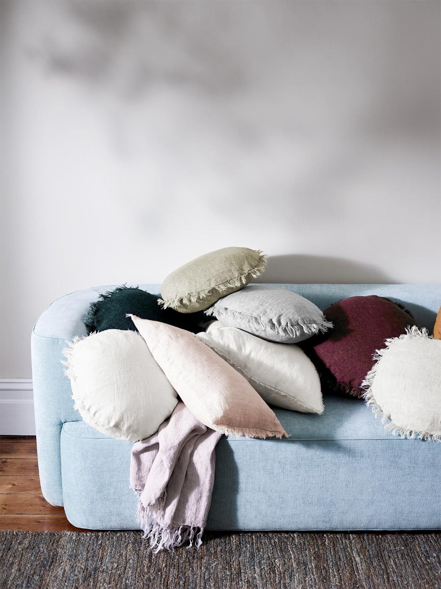 Vintage Linen Throw in Dusk, Round Cushions in Slate, Sage, Smoke, Marshmallow & Syrah.