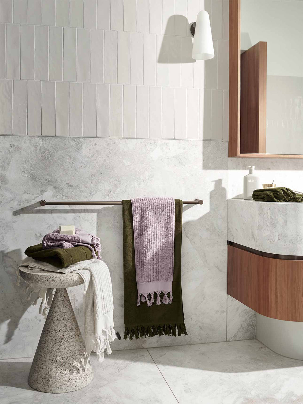 Paros & Paros Rib Towels in Lilac, Khaki & Sand