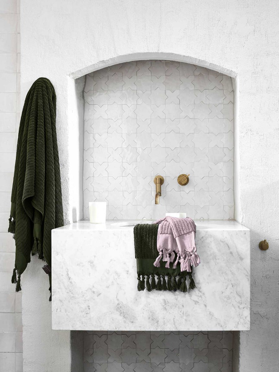 Paros Rib Bath Towel & Hand Towel in Olive Night and Paros Rib Hand Towel in Lilac