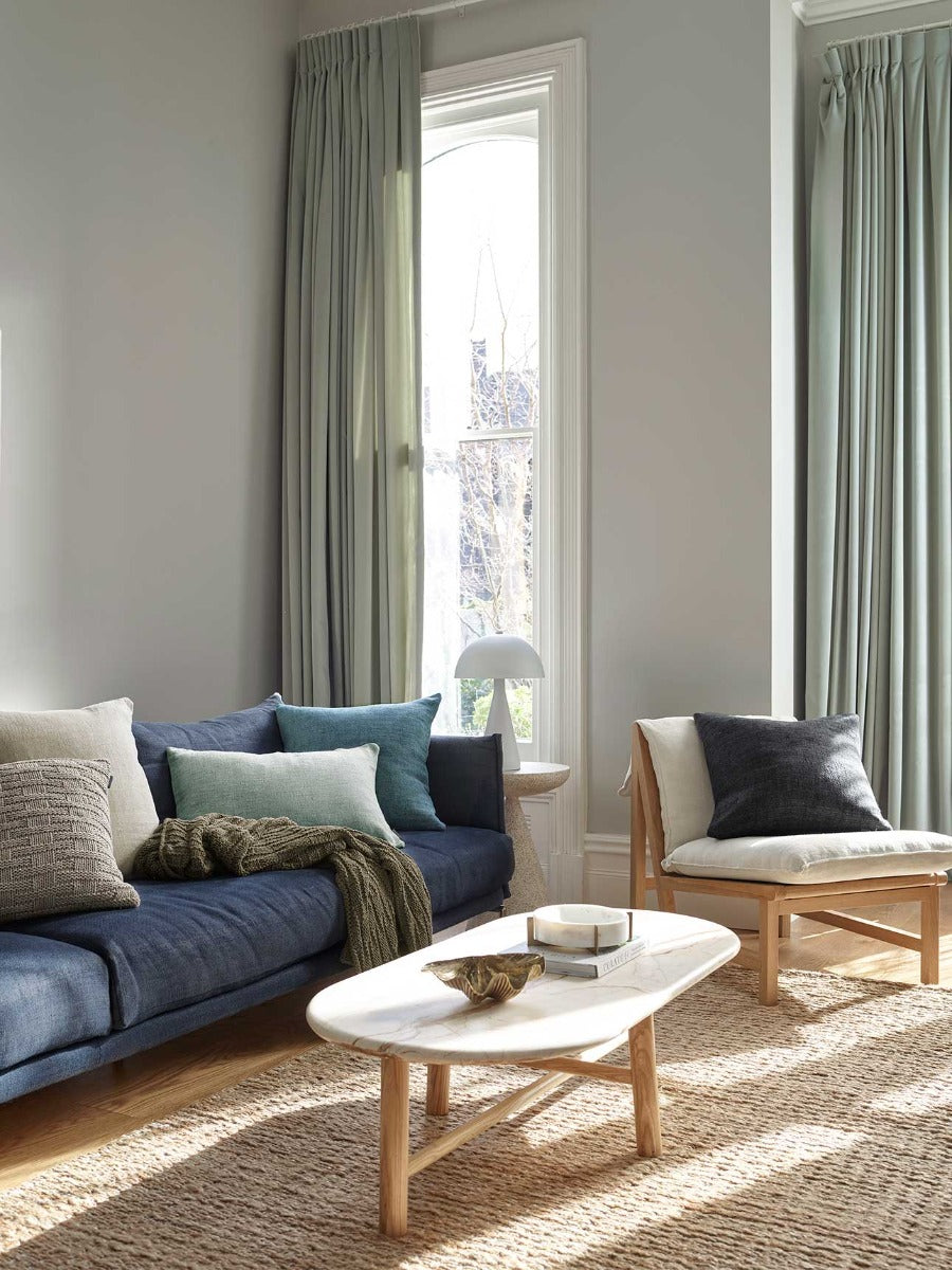 Arles Linen Rectangle Cushion in Mist, Square Cushion in Sand & Black