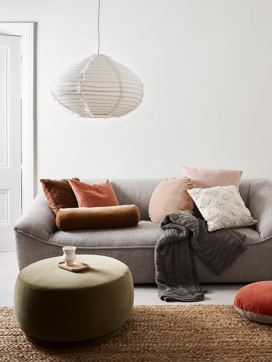 Husk Cushions in Tobacco & Ivory, Luxury Velvet Cushions in Maple, Hazelnut & Arles Cushion in Shell