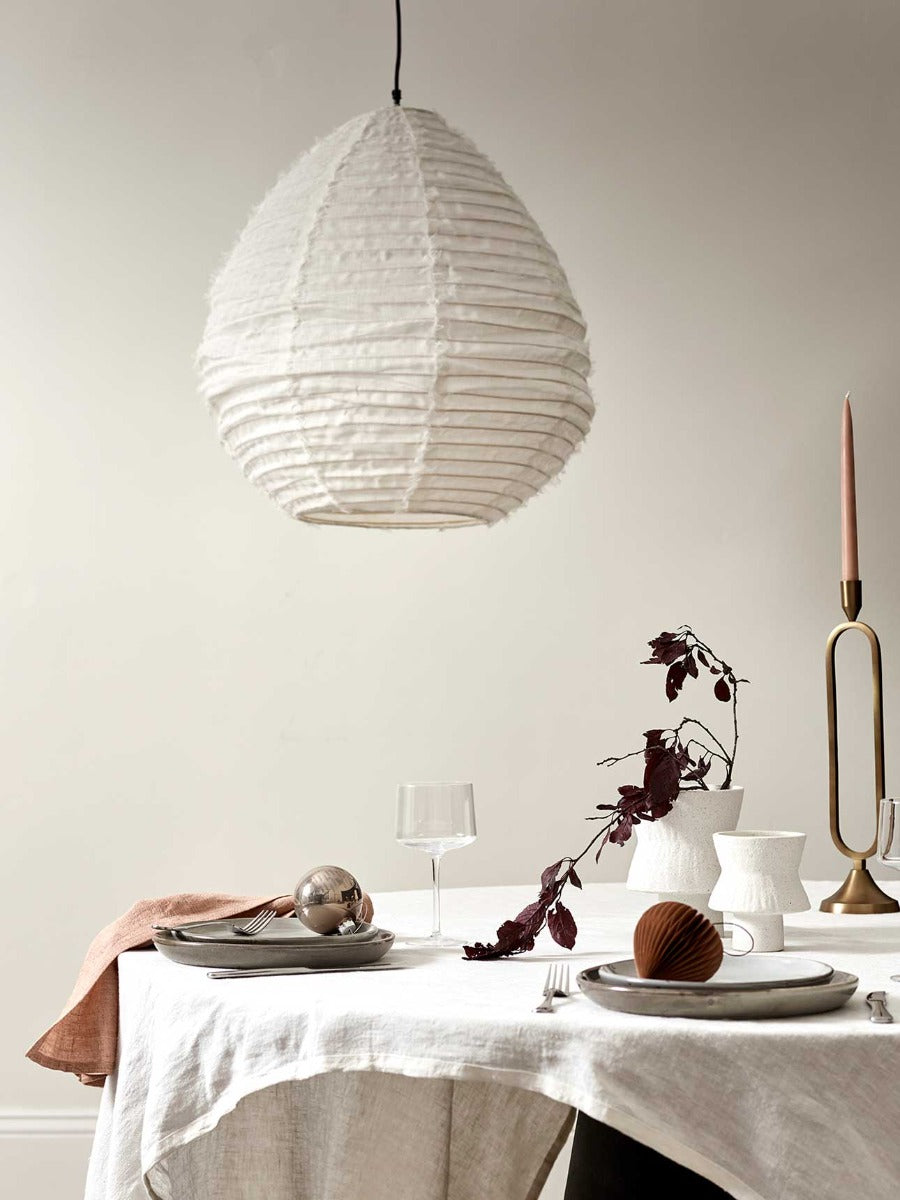Christmas Dining Table arrangement with the Vintage Linen Tablecloth in Marshmallow, Cloud Pendant in Marshmallow & Napkin in Clay