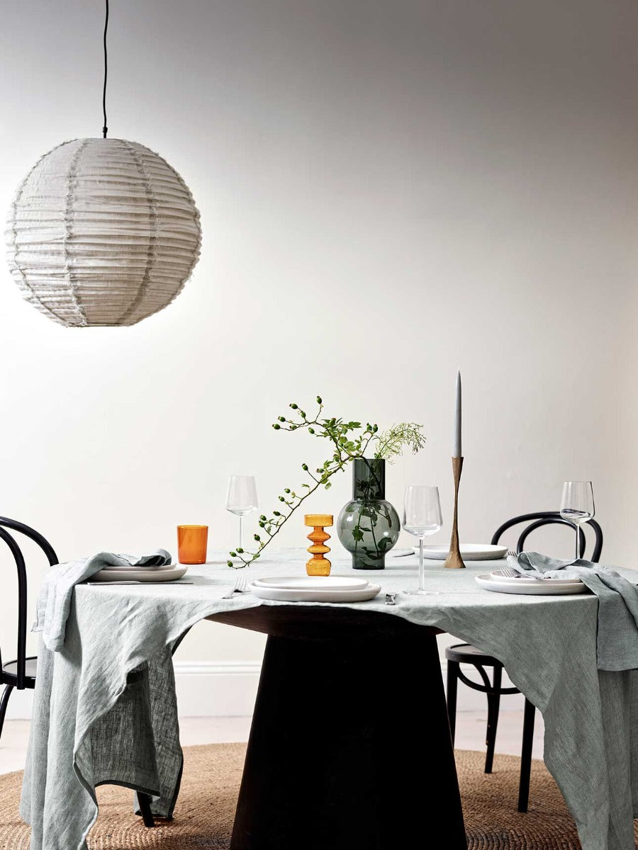 Vintage Linen Tablecloth & Napkins in Limestone, Cloud Pendant in Dove, Maison Balzac glassware in Amber & Lou Lou Vase