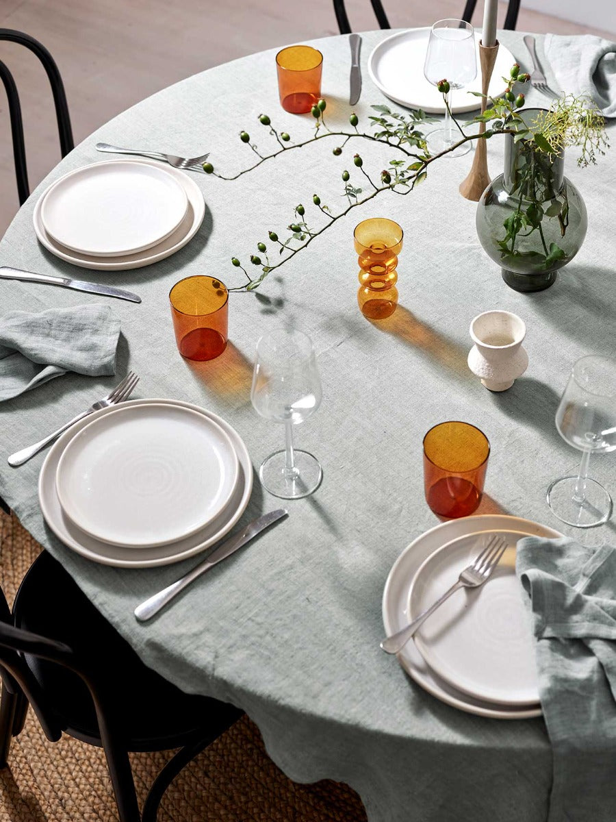 Vintage Linen Tablecloth & Napkins in Limestone & Maison Balzac Drinking Glasses in Amber