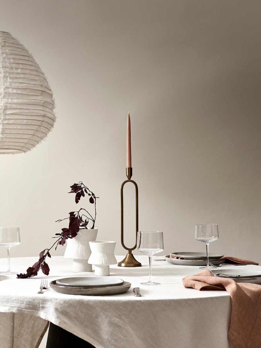 Dinner setting with Vintage Linen Tablecloth in Marshmallow & Napkins in Clay and Cloud Pendant in Marshmallow