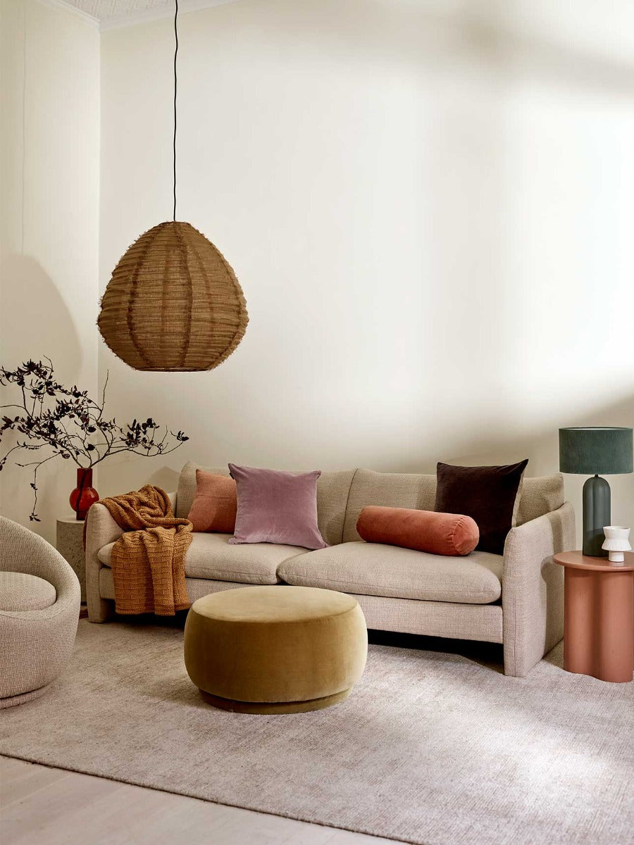 Luxury Velvet Square Cushion in Chocolate, Heather, Hazelnut with Velvet Bolster in Hazelnut & Cloud Pear Pendant in Bronze