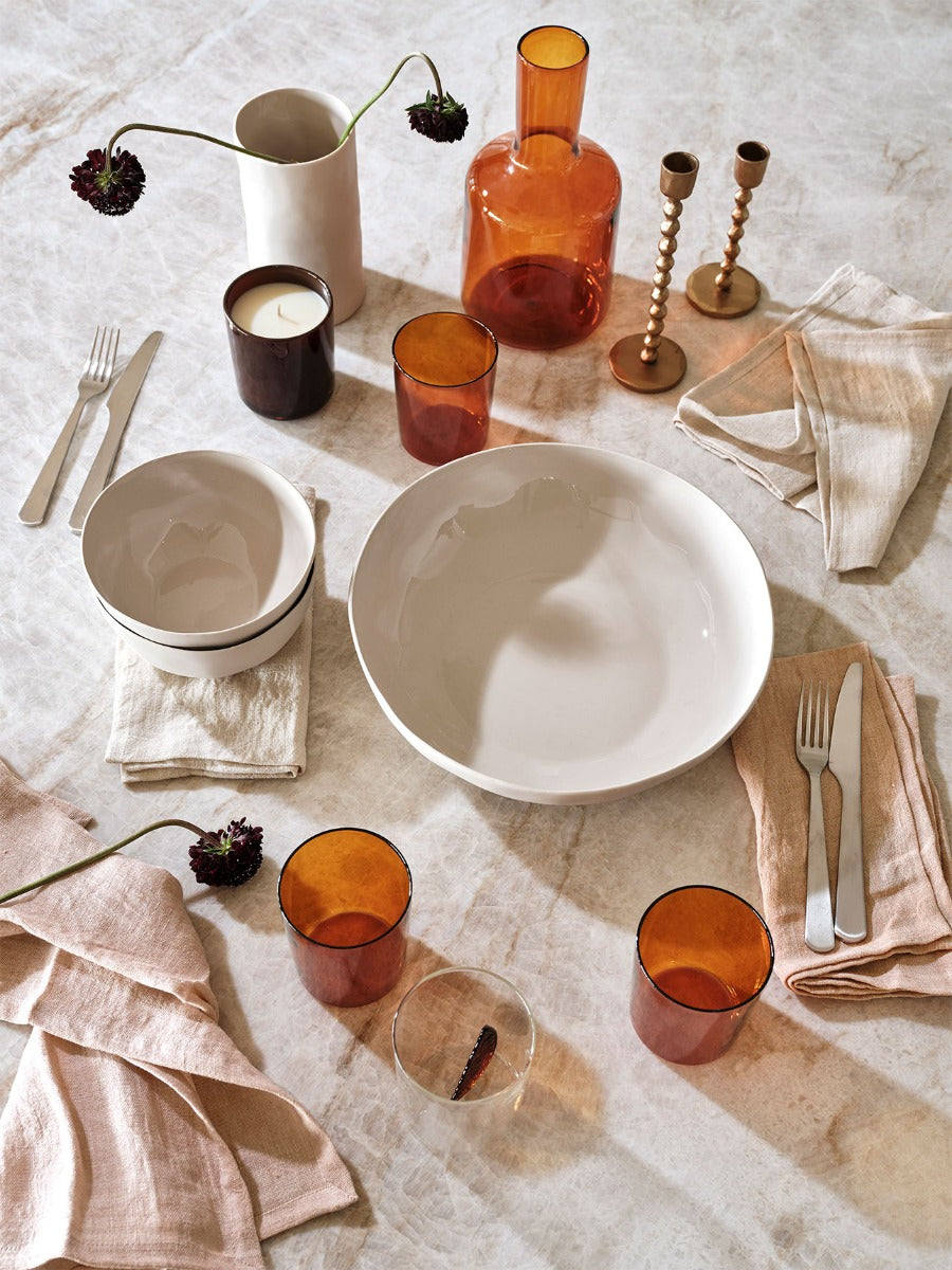 Vintage Linen Napkins in Sand & Shell, with Maison Balzac drinking glasses and carafe in Amber.