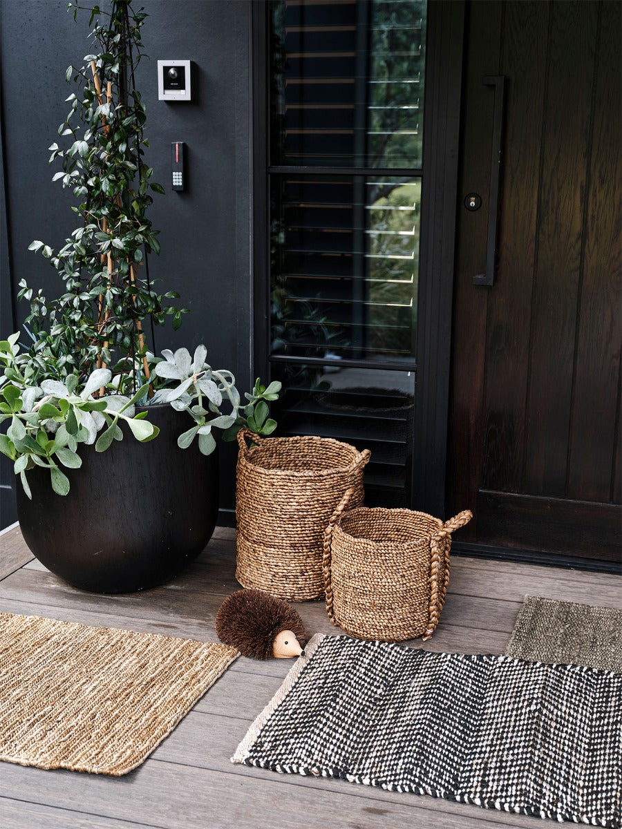 Adaline Waterhyacinth Baskets in Small, Medium & Large, with the Hedgehog shoe scrubber and Jute Door Mats in various designs and colours.