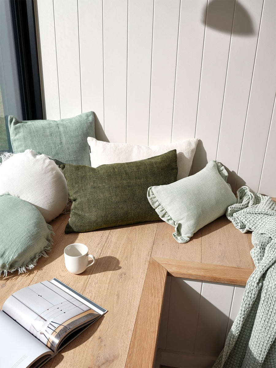 Ruffle Linen Cushion in Soft Sage