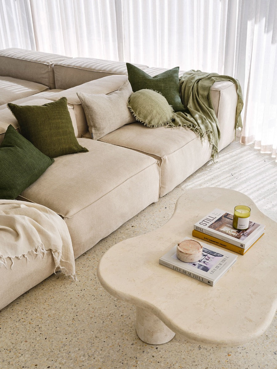 Vintage Linen Fringe Square Cushion in Khaki