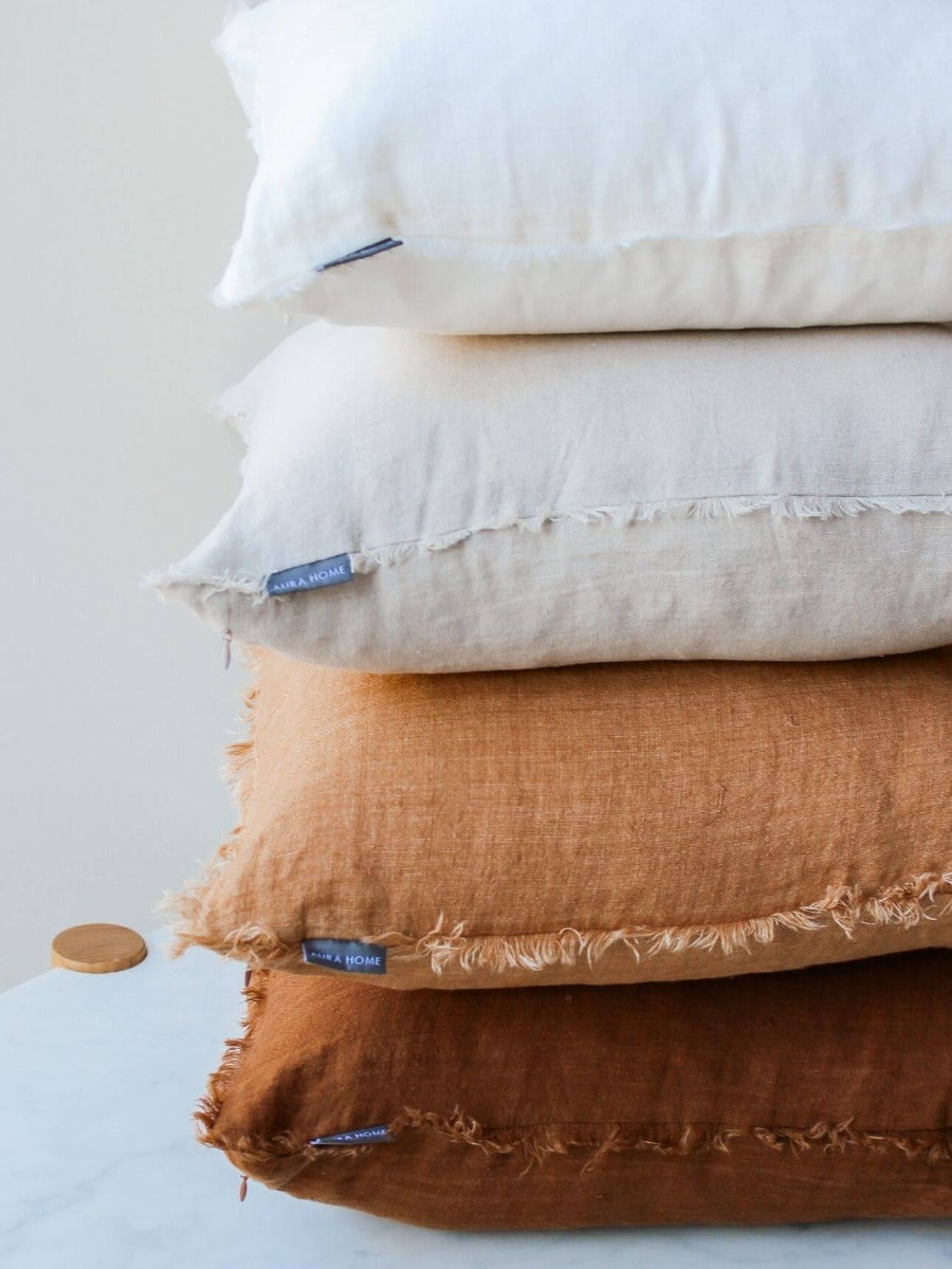Vintage Linen Fringe Square Cushion in Sand