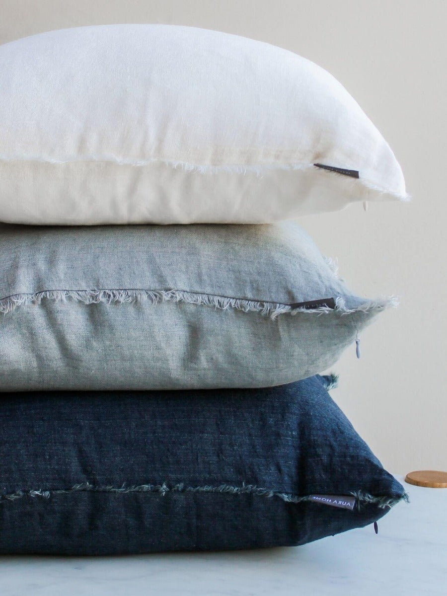 Vintage Linen Fringe Rectangle Cushion in Limestone