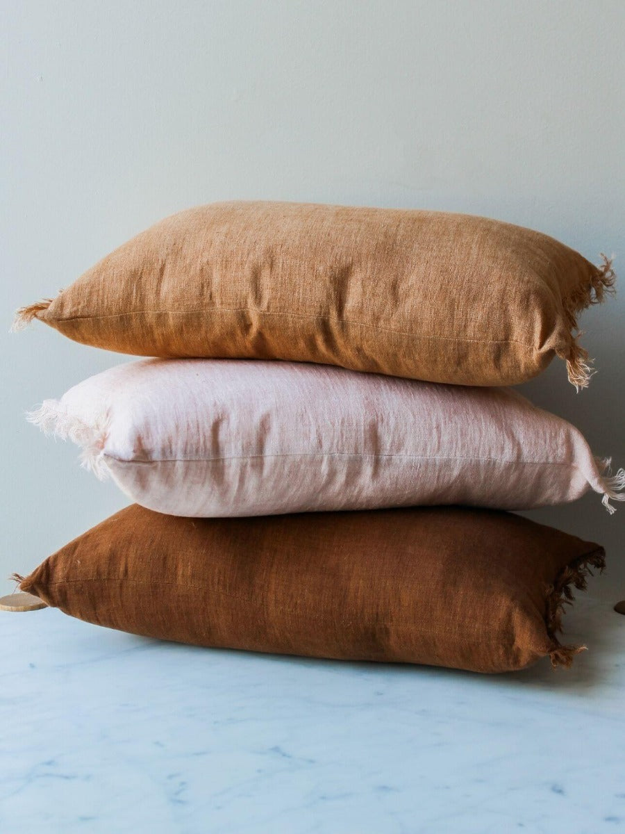 Vintage Linen Fringe Rectangle Cushion in Tobacco