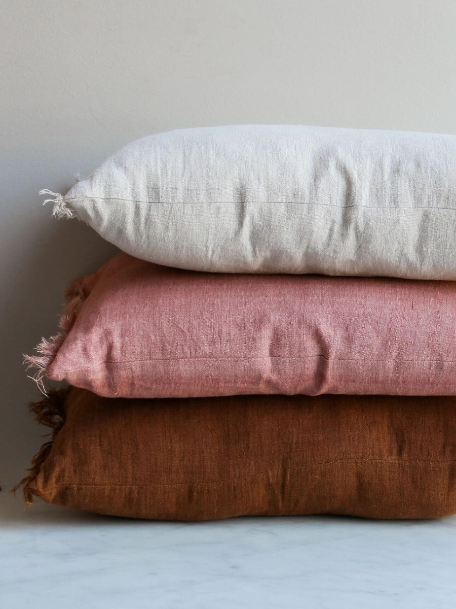 Vintage Linen Fringe Rectangle Cushion in Tobacco