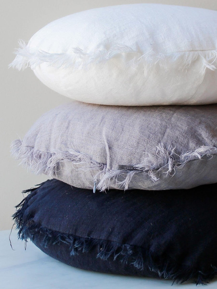 Vintage Linen Fringe Round Cushion in Slate - Small
