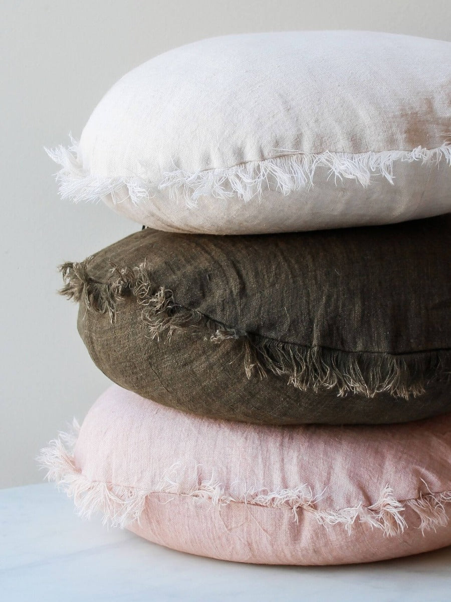 Vintage Linen Fringe Round Cushion in Shell - Small
