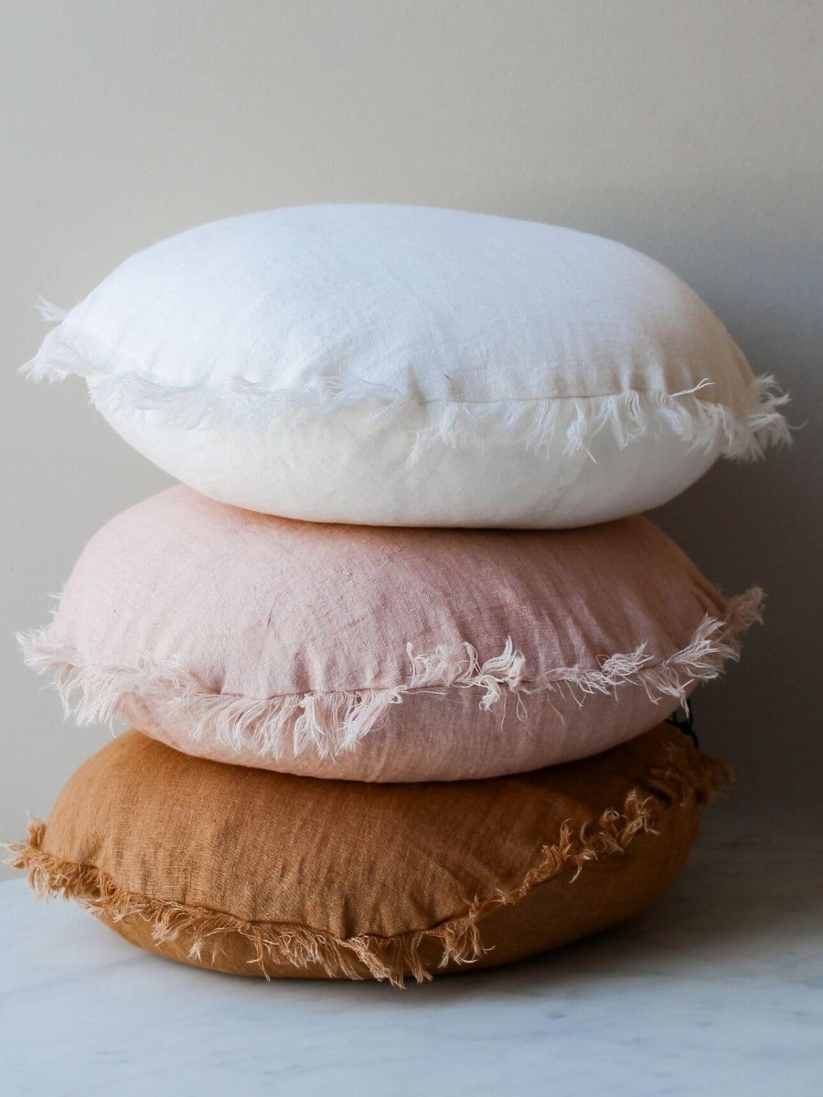 Vintage Linen Fringe Round Cushion in Bronze - Small
