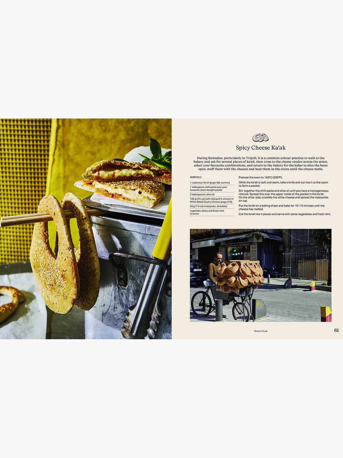 An open magazine or cookbook spread showing a food photograph on the left and a recipe page for Spicy Cheese Kebab on the right, with a sandwich, bread loops, and a small inset photo of a vendor on a bicycle.