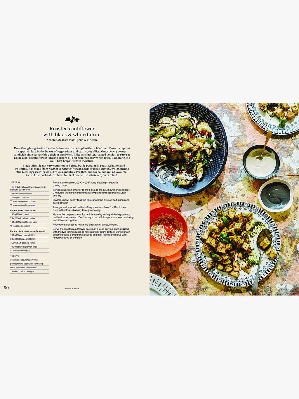 An open cookbook spread showing a recipe page on the left with the heading 'Roasted cauliflower with black & white lentil' and a food photograph on the right of plated cooked cauliflower and lentil dishes on a patterned table.