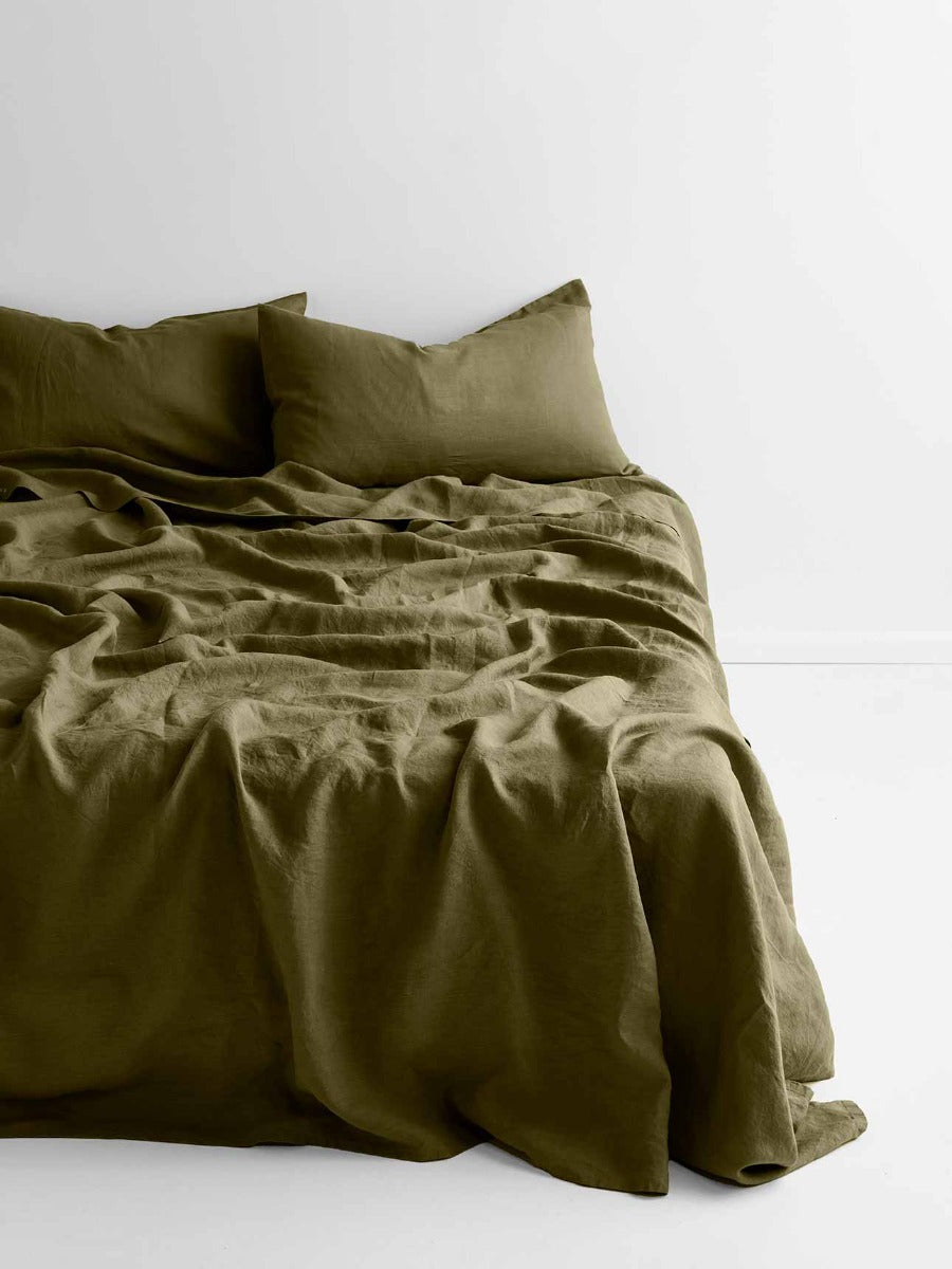 Emile Linen Flat Sheet in Olive