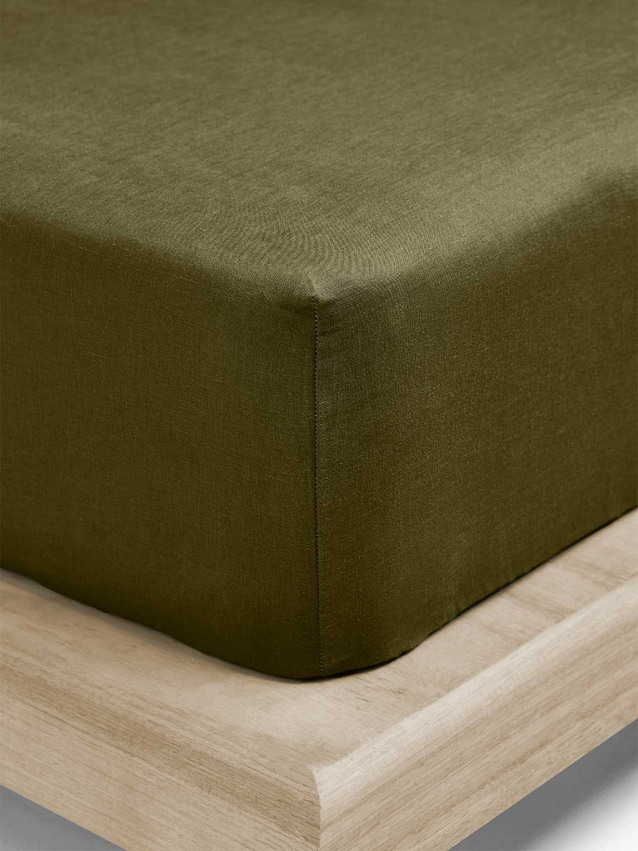 Emile Linen Fitted Sheet in Bronzed Olive