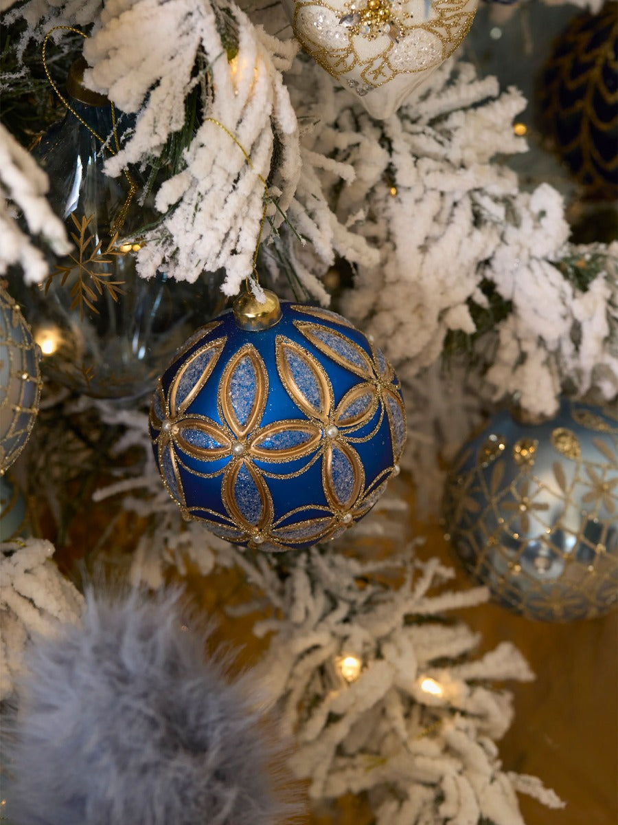 Matte Blue Embossed Fleur Bauble