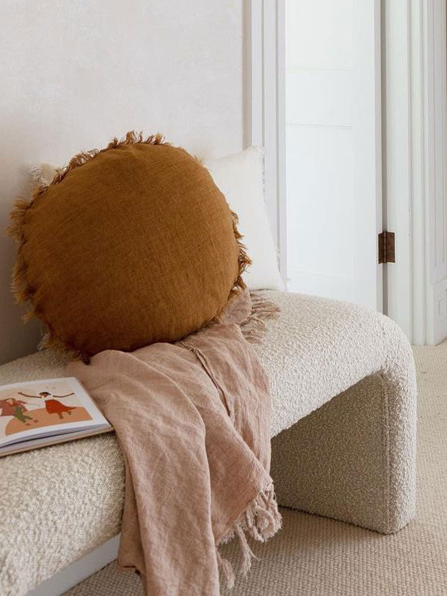 Vintage Linen Fringe Round Cushion in Tobacco - Small