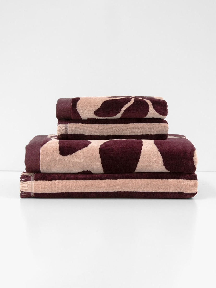 Palma Petal & Stripe Bath Towel Set in Mulberry & Shell