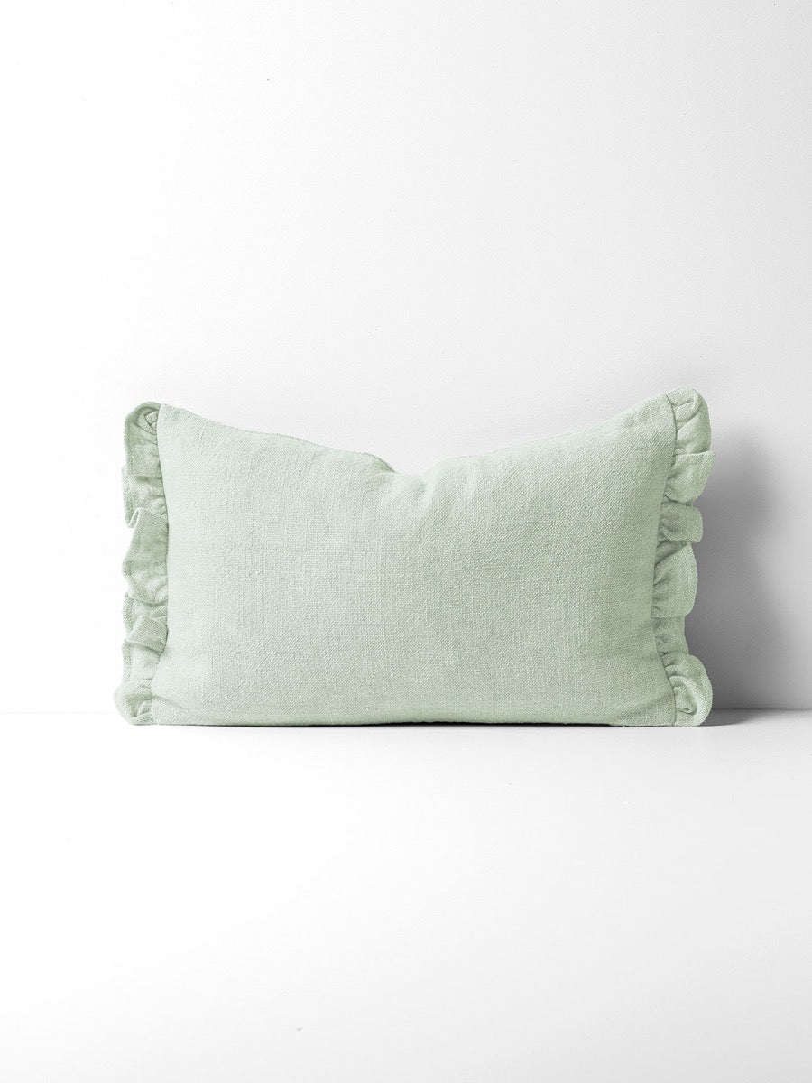 Ruffle Linen Cushion in Soft Sage