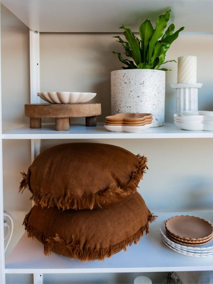 Vintage Linen Fringe Round Cushion in Tobacco - Small