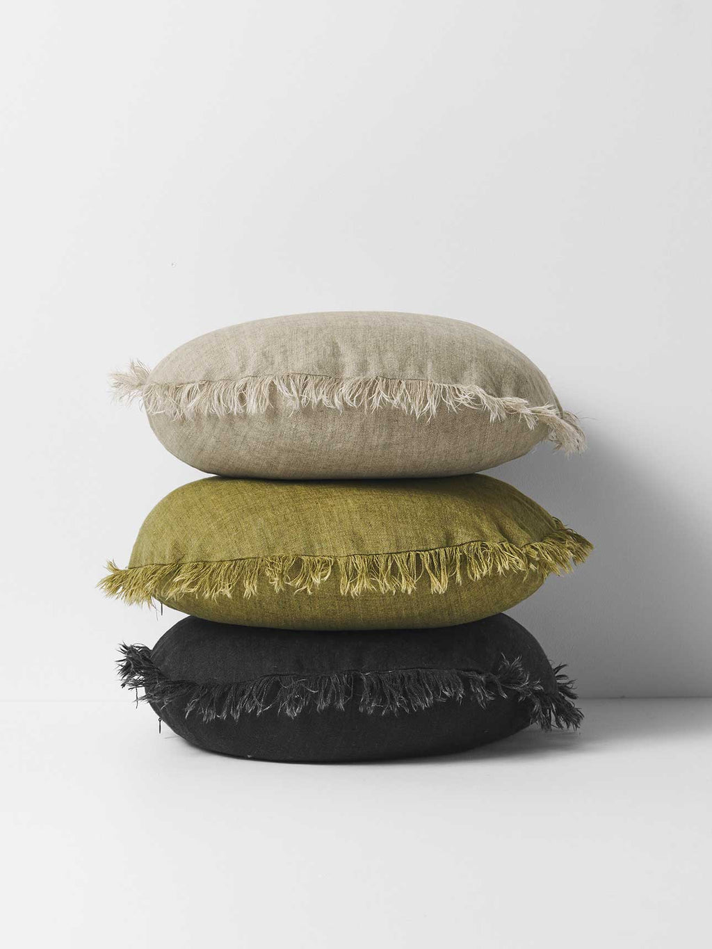 Vintage Linen Fringe Round Cushion in Olive - Small