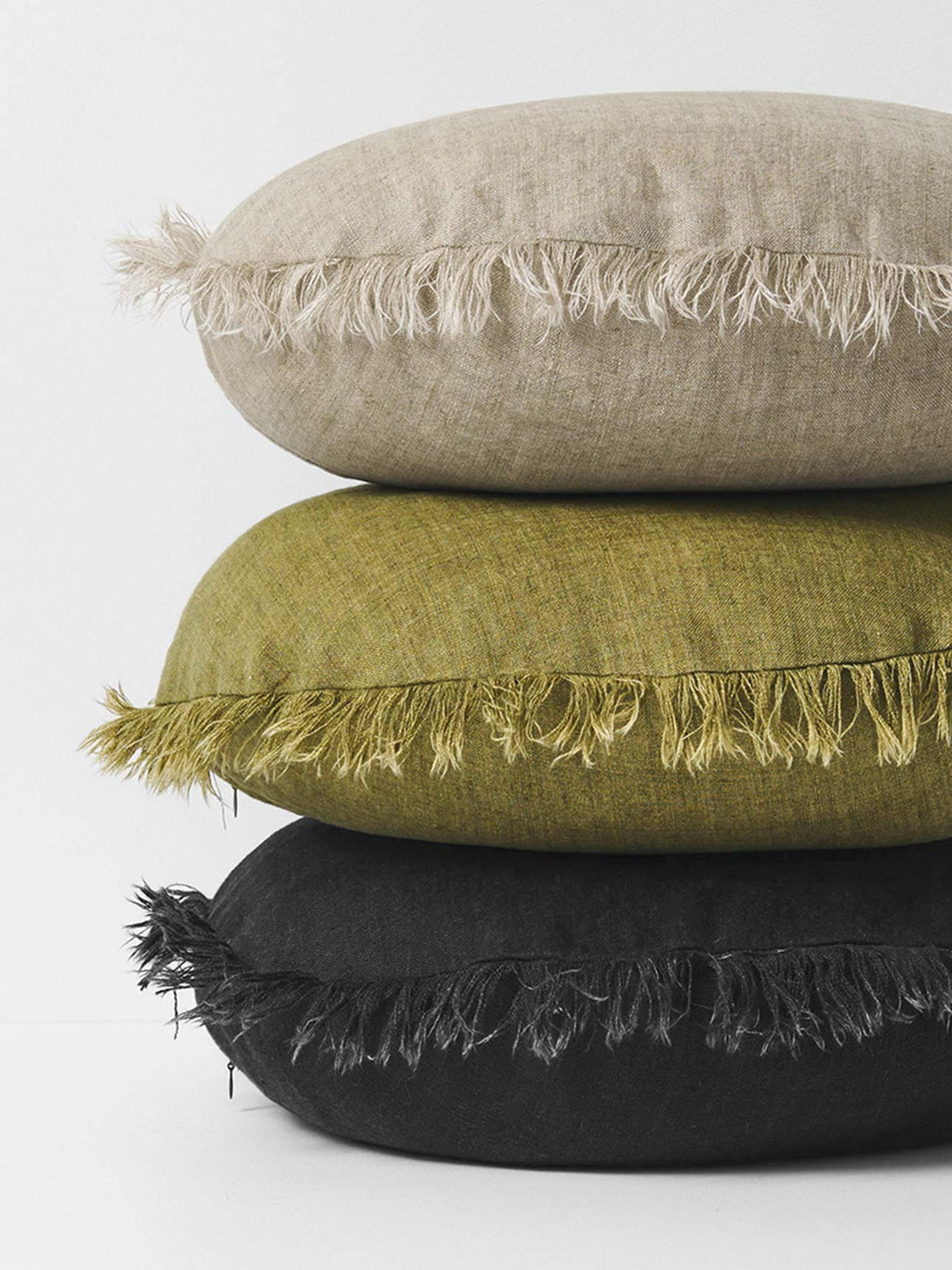 Vintage Linen Fringe Round Cushion in Olive - Small