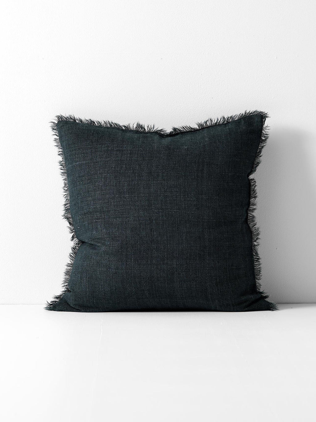 Vintage Linen Fringe Square Cushion in Slate