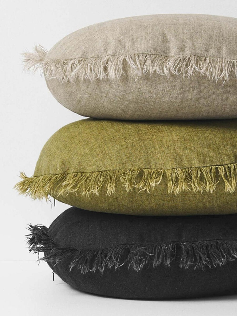 Vintage Linen Fringe Round Cushion in Natural - Large