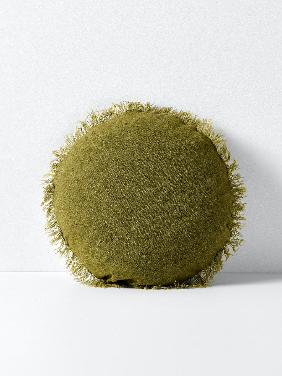 Vintage Linen Fringe Round Cushion in Olive - Large