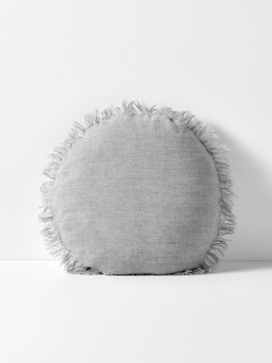 Vintage Linen Fringe Round Cushion in Smoke - Large