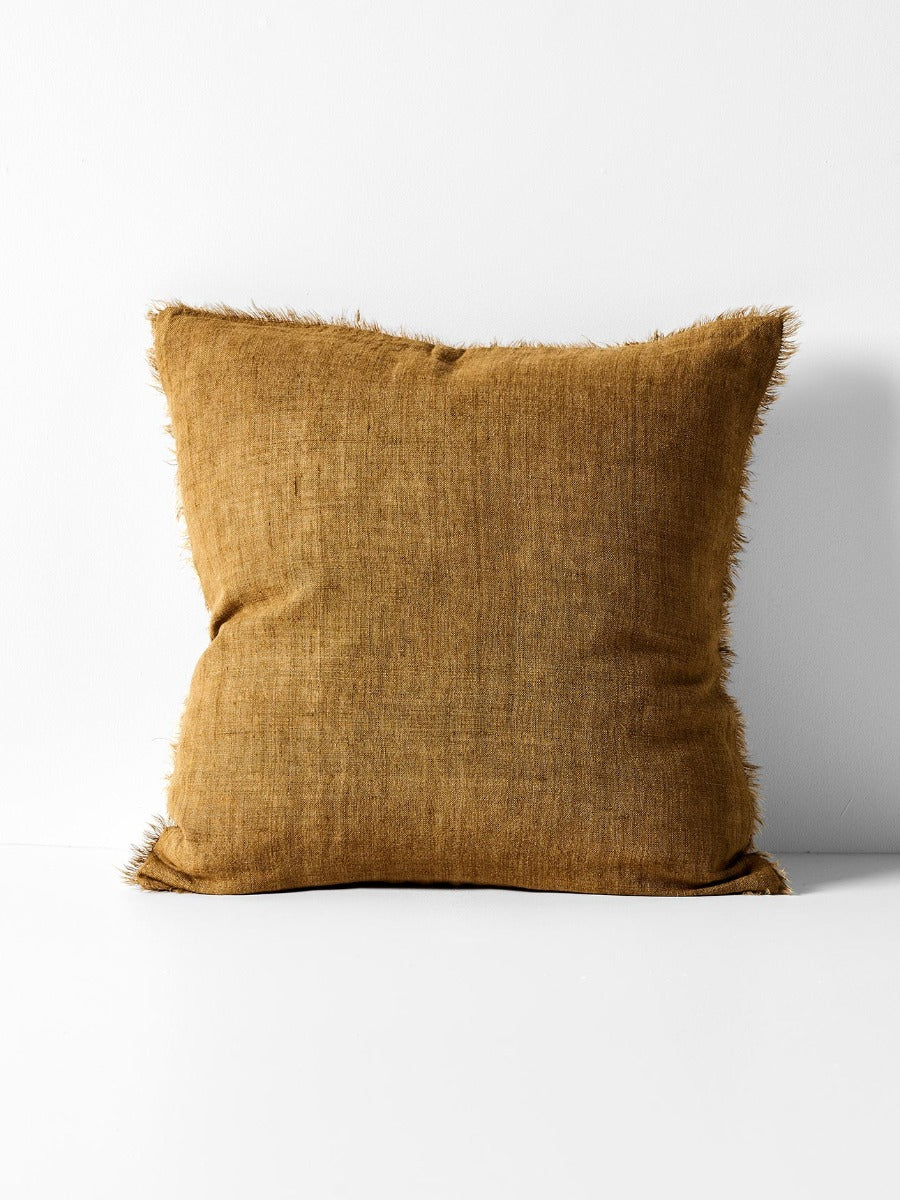 Vintage Linen Fringe Square Cushion in Bronze