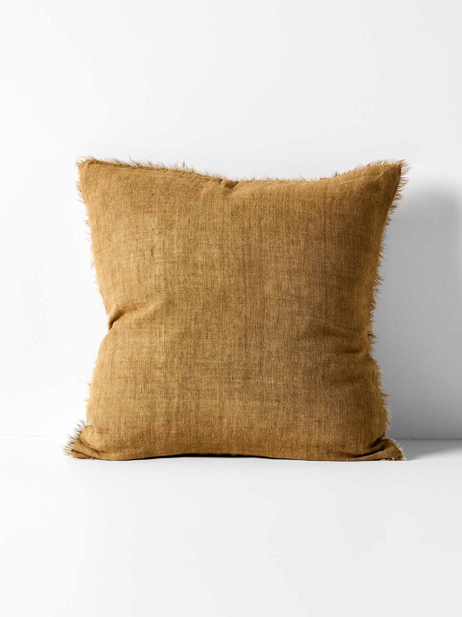 Vintage Linen Fringe Square Cushion in Bronze