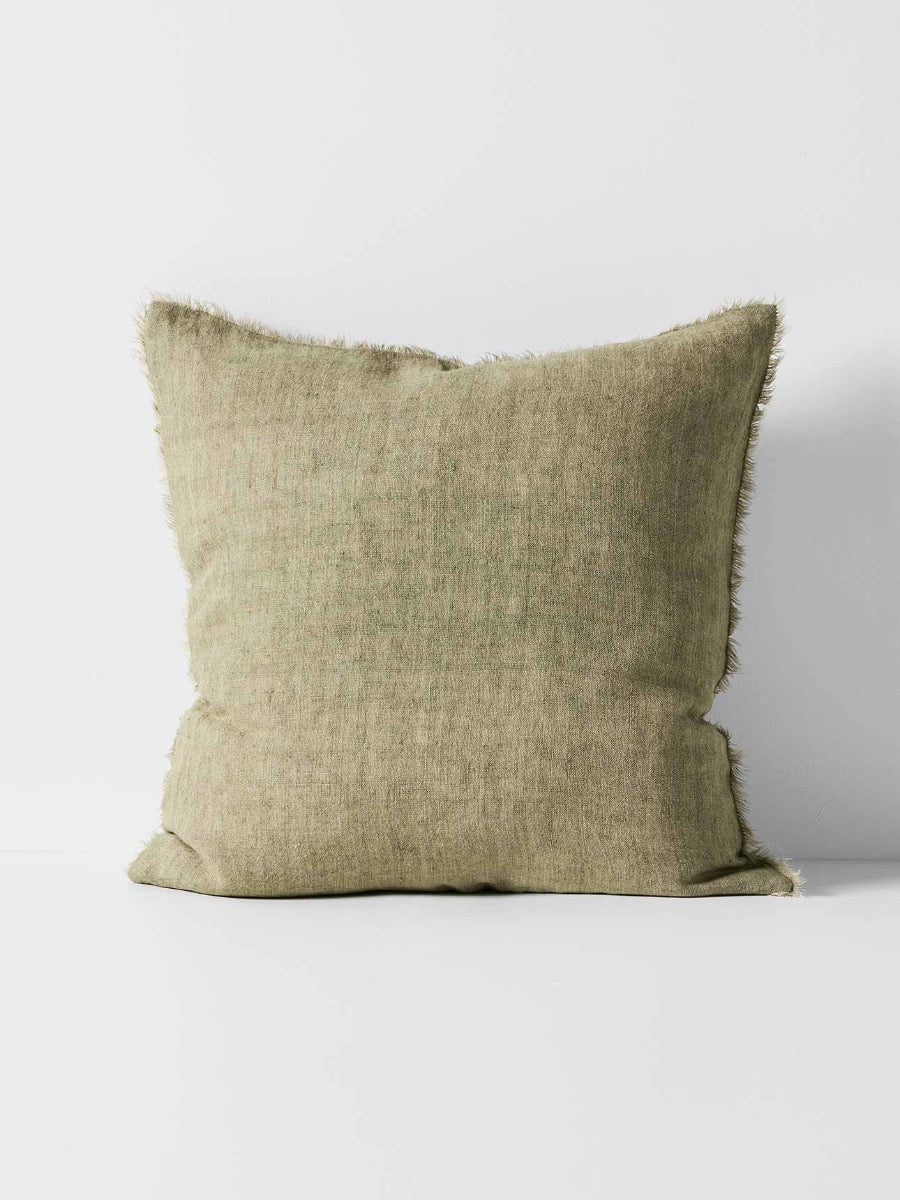 Vintage Linen Fringe Square Cushion in Fennel