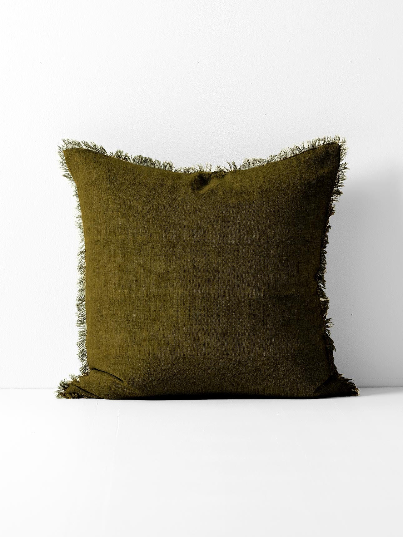 Vintage Linen Fringe Round Cushion in Khaki - Small