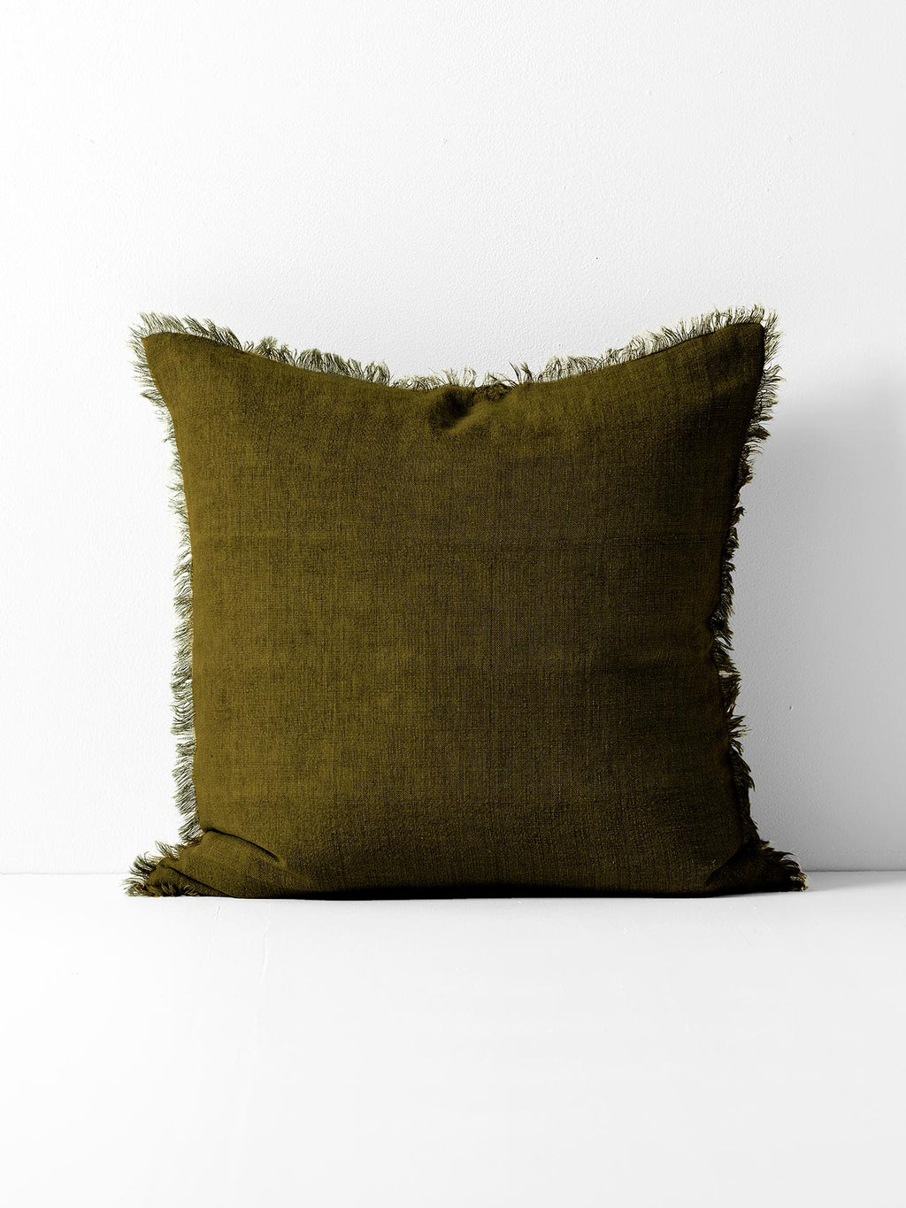 Vintage Linen Fringe Square Cushion in Khaki