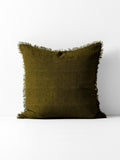 Vintage Linen Fringe Square Cushion in Khaki
