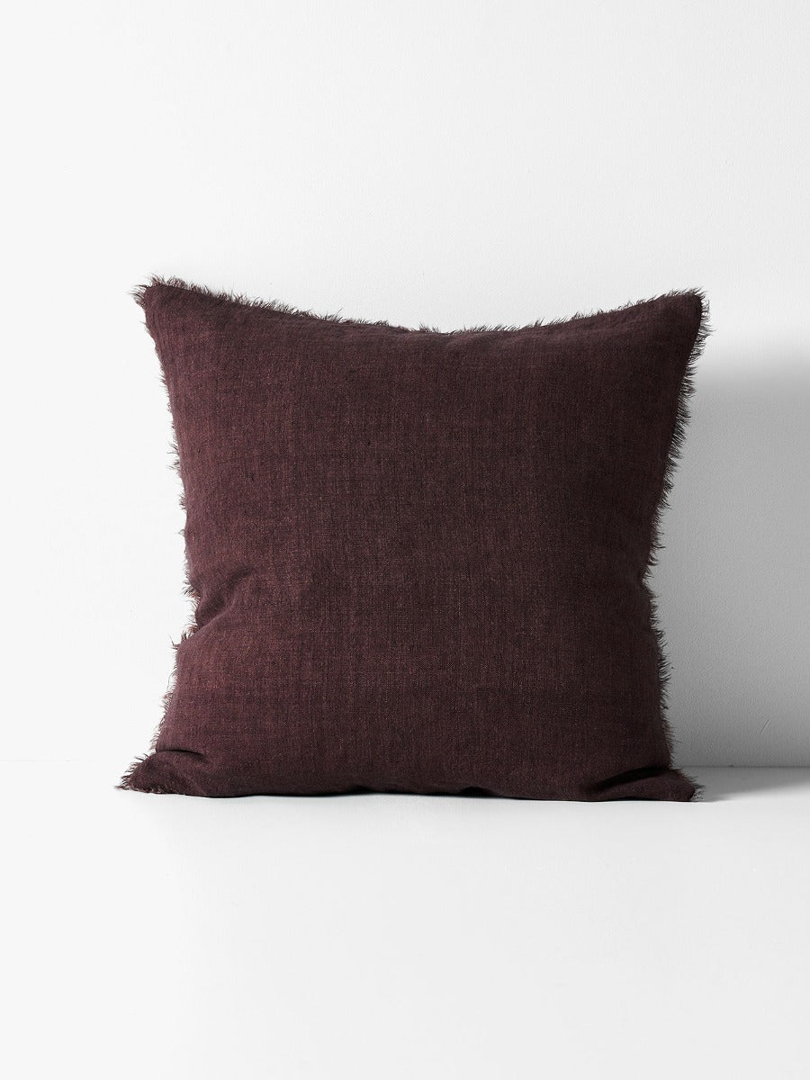 Vintage Linen Fringe Square Cushion in Mulberry