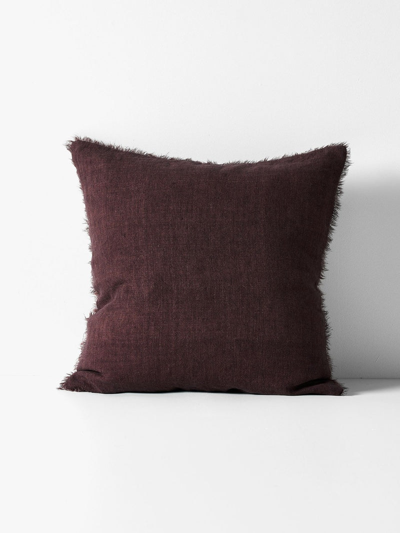 Vintage Linen Fringe Square Cushion in Mulberry